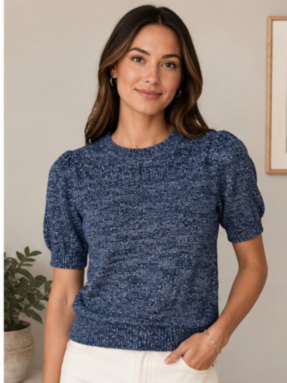 Banana Republic XS Blue Marled Knit Puff Sleeve Sweater Top Short Sleeve Cotton